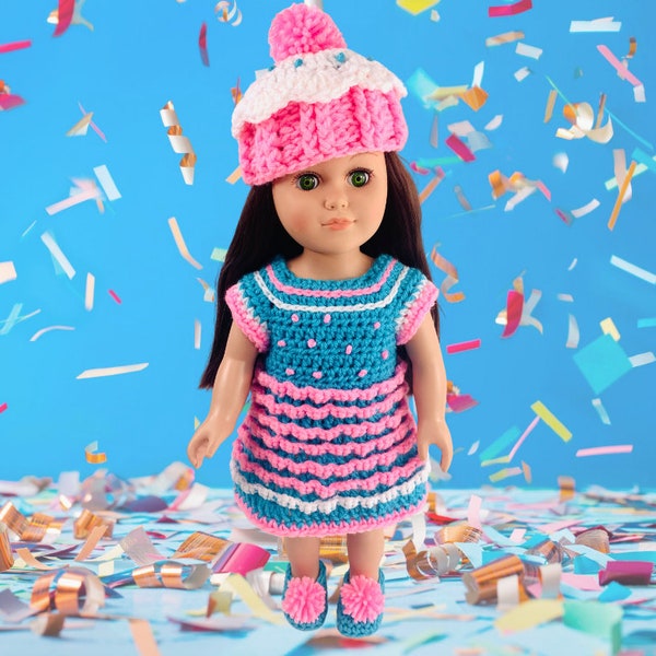18" Doll Birthday Party Dress Crochet pattern, cupcake doll hat, crochet doll shoes, pdf crochet pattern, crochet doll clothes patterns