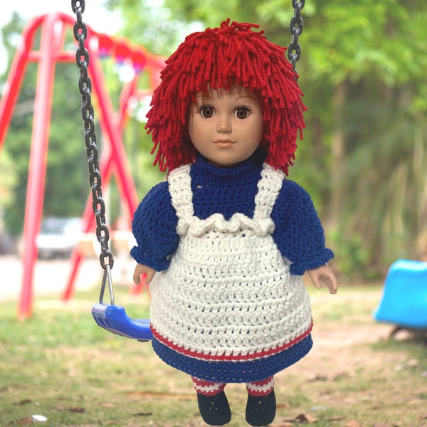 18" Doll Raggedy Ann Crochet Pattern, 18" crochet doll clothes pattern, crochet doll boots, crochet 18" doll costumes patterns