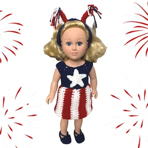 Modèle de crochet de pétard patriotique de poupée de 18 pouces, modèle de crochet PDF, chaussures de poupée de 18 pouces, robe de poupée de 18 pouces rouge blanc bleu, étoile