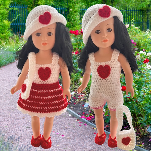 18" Doll Heart Outfit Crochet pdf pattern, doll romper, doll shoes, doll hat, doll skirt, crochet doll clothes patterns, valentine purse