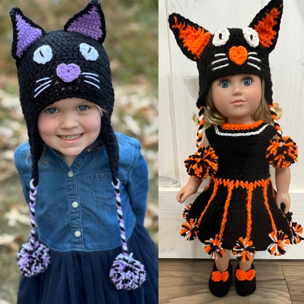 Charlee Cat Crochet pattern, doll and child matching hat, crochet cat hat pdf pattern, halloween cat hat, hat flaps pompom, child, costume