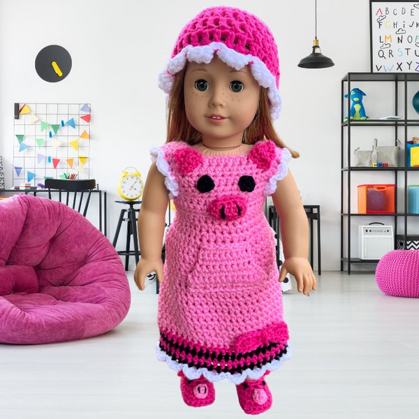 18" Doll Crochet Gown Pig pattern, crochet doll shoes pattern, pdf, doll pajamas, crochet doll clothes patterns, crochet pig shoes, bonnet