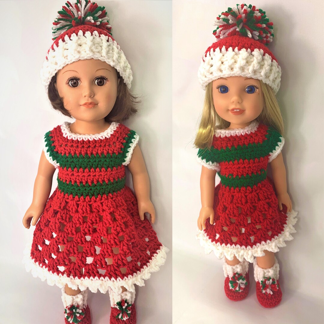 18&quot; Doll Christmas Crochet Pattern, 14&quot; Doll Christmas crochet pattern, crochet doll clothes pattern, doll shoes, doll hat, doll dress