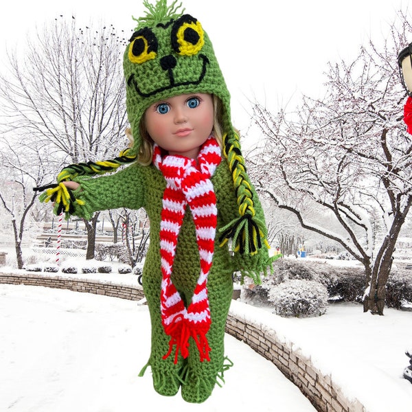 Patrón de ganchillo navideño para muñeca Grinch de 18", patrón de ropa para muñeca de 18" a crochet navideño, sombrero para muñeca, patrón de ropa para muñeca a crochet en pdf, sombrero de grinch