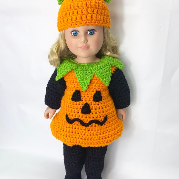 18" Doll Pumpkin Crochet Pattern, crochet 18" modèle de vêtements de poupée, robe de poupée, chapeau de citrouille de poupée, costume d’Halloween de poupée