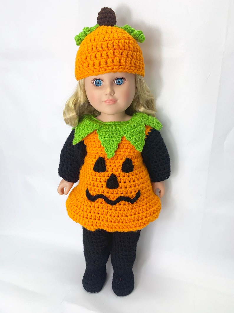 18 Doll Pumpkin Crochet Pattern, crochet 18 doll clothes pattern, doll dress, doll pumpkin hat, doll halloween costume image 1