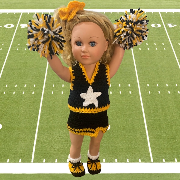 18" Doll cheerleader Star outfit, cheer uniform pattern, crochet doll clothes pattern, doll shoes, doll scrunchie, doll skirt, doll pompoms