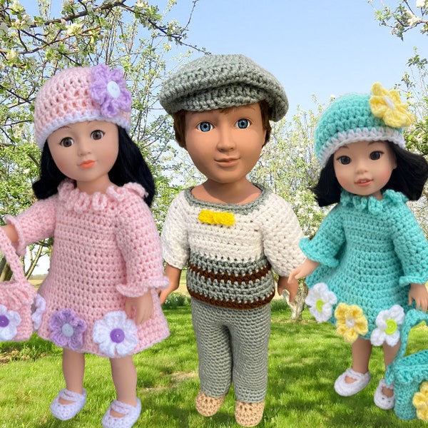 18" Easter Crochet Boy Girl Outfit, 14.5" doll clothes pattern, crochet doll shoes, shirt, purse, shirt, dress, Drivers cap
