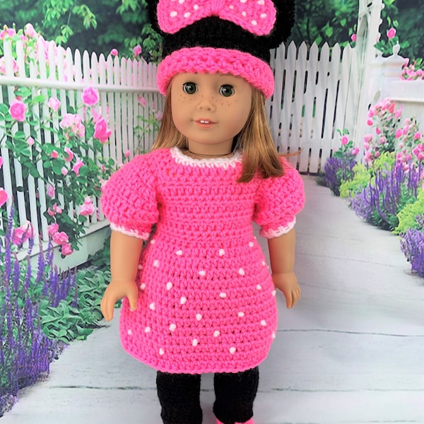18" Doll Halloween Pink Dress Crochet PDF pattern, black hat pattern, doll shoes pattern, crochet doll clothes pattern, Halloween pattern