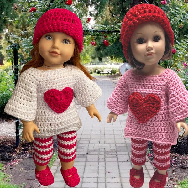 18" Doll Red Heart Dress Crochet Pattern, 18" Doll Valentine clothes, crochet doll shoes, crochet doll dress, crochet doll heart, red pink