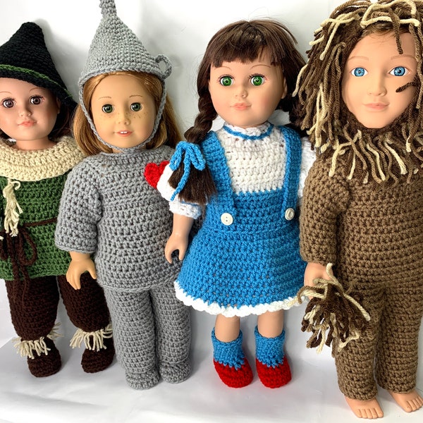 18" Doll Dorothy Crochet pattern, 18" Doll Lion crochet pattern, Halloween, 18 inch scarecrow crochet patterns, doll tinman crochet pattern