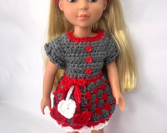 14" Doll Valentine Crochet Pattern, 14" Doll clothes, crochet doll shoes, crochet doll dress, crochet doll heart, red white grey