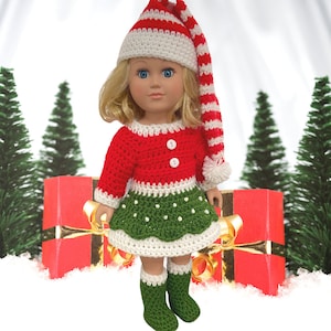 18&quot; Doll Elf Dress Crochet Pattern, Christmas crochet 18&quot; doll clothes pattern, doll elf hat, pdf crochet doll clothes pattern, red white
