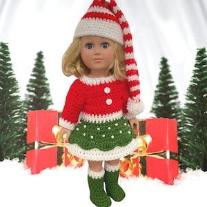 18" Doll Elf Dress Crochet Pattern, Christmas crochet 18" doll clothes pattern, doll elf hat, pdf crochet doll clothes pattern, red white