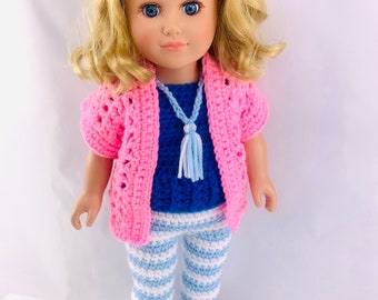 18&quot; Doll Kinley Casual Pant Set Crochet pattern, 18 inch Doll cardigan crochet pattern, sandals, 18&quot; doll shirt, doll shoes, doll leggings