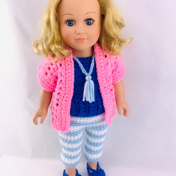 18" Doll Kinley Casual Pant Set Crochet pattern, 18 inch Doll cardigan crochet pattern, sandals, 18" doll shirt, doll shoes, doll leggings