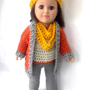 18" Doll Clothes Crochet Pattern, Cardigan crochet 18" doll sweateer pattern, crochet doll shoes pattern, doll hat crochet pattern, scarf