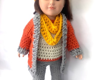 18" Doll Clothes Crochet Pattern, Cardigan crochet 18" doll sweateer pattern, crochet doll shoes pattern, doll hat crochet pattern, scarf