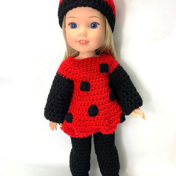 14" Doll Ladybug Crochet Pattern, 14" ladybug costume, crochet 14" doll clothes pattern, doll ladybug hat, doll halloween ladybug costume