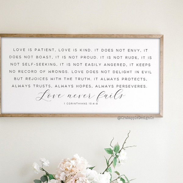 Love Never Fails Sign, Love Is Patient Love Is Kind, Master Bedroom Signs, 1 Corinthians 13 Wood Sign, Above Bed Sign, Bedroom Wall Decor