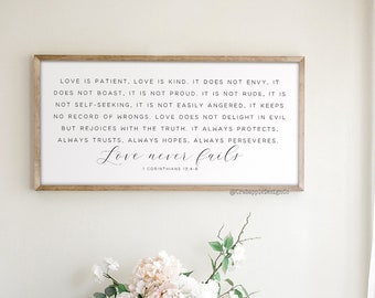 Love Never Fails Sign, Love Is Patient Love Is Kind, Master Bedroom Signs, 1 Corinthians 13 Wood Sign, Above Bed Sign, Bedroom Wall Decor