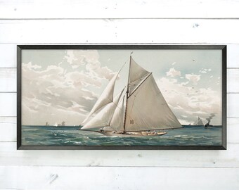 Sailboat Painting, Framed Sailboat Art Sailboat Print, Sailing At Sea, Nautical Decor, Seascape Coastal Artwork, Blue Sea Clouds Wall Decor