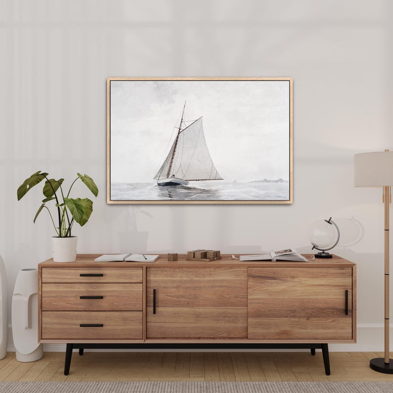 Beachy Wall Decor, Vintage Sailboat Painting Classic Ocean Artwork