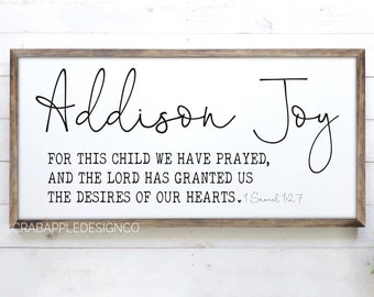 For This Child We Have Prayed Sign, Name Sign, Nursery Room wall decor, Playroom sign, 1 Samuel 1:27, Scripture wall sign, Kids room sign