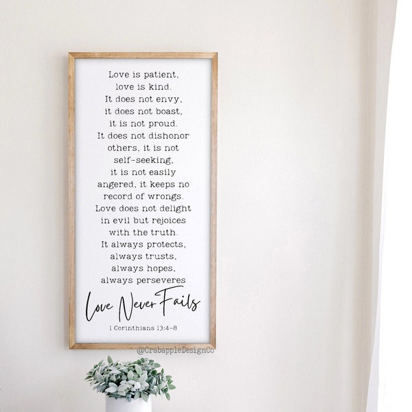 Love Never Fails Sign, Love Is Patient Love Is Kind, Framed Sign bedroom decor, 1 Corinthians 13, Wood Sign, Living Room Wall Art (Vertical)
