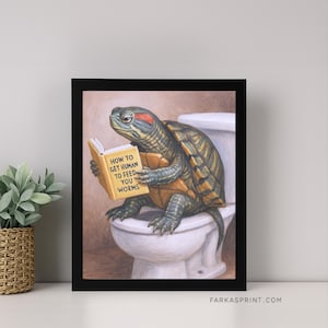 Funny Turtle Toilet Art Print – Red Eared Slider Bathroom Decor (Digital Download)