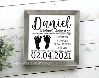 Personalized baby info sign, keepsake birth stats, Baby stats sign with footprints, Gift Newborn Boy or Girl, Birth Announcement Wood