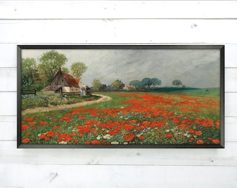 Field of Red Poppies, Wall Art Framed Print, Cottage in a Poppy Field, Wood Framed Landscape Art, Field of Flowers, Rural Scene, Countryside