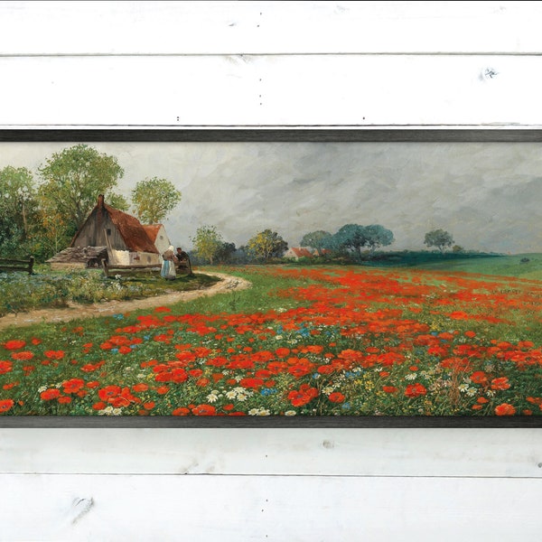 Field of Red Poppies, Wall Art Framed Print, Cottage in a Poppy Field, Wood Framed Landscape Art, Field of Flowers, Rural Scene, Countryside