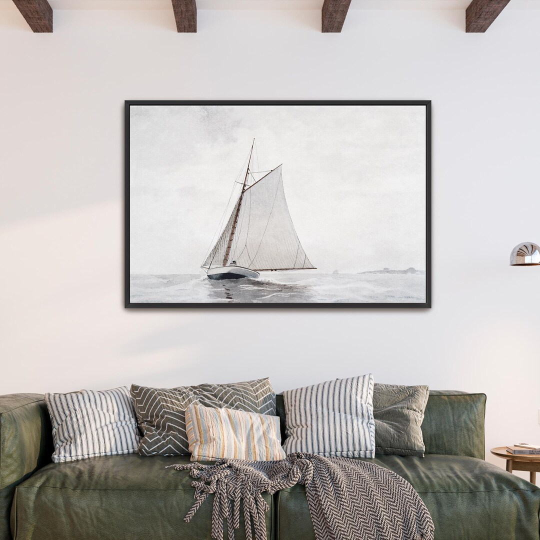 Beachy Wall Decor, Vintage Sailboat Painting Classic Ocean Artwork