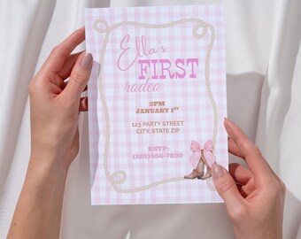 First Rodeo Invitation – Custom Cowgirl Birthday Invite – Pink Gingham Western Party – Personalized Printable File