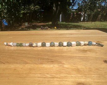8.5" Puka Shells, Conch Shell, Blue Calcite, Amazonite, Emerald Beads, Batic Bone Beads Bracelet. High Quality.