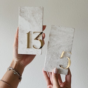 Daylight Marble and Acrylic Table Numbers | Wedding Signs | Event Signs | Custom Signs | Natural Beige Botticino Marble | Luxe + Linen
