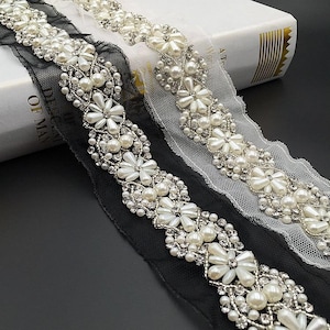 2yards Pearl Beaded Lace Trim with Rhinestones, Beautiful Beaded Floral Pattern Lace Trim for Bridal Wedding Sashes Straps Dress Belts
