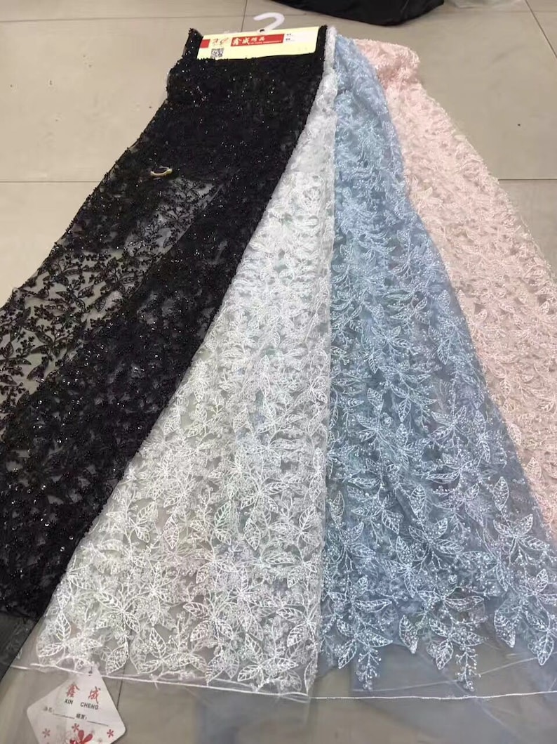 5yards Luxurious wedding dress Lace Fabric With handmade Beaded on leaves Embroidery Tulle French Lace fabric