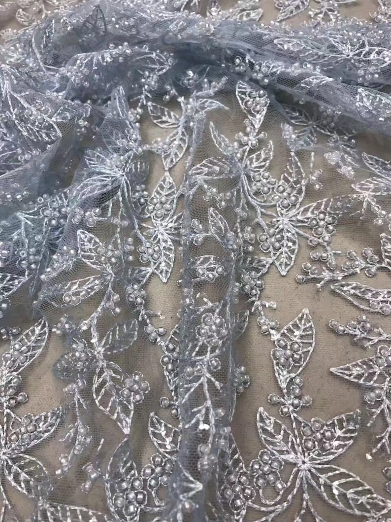 5yards Luxurious wedding dress Lace Fabric With handmade Beaded on leaves Embroidery Tulle French Lace fabric