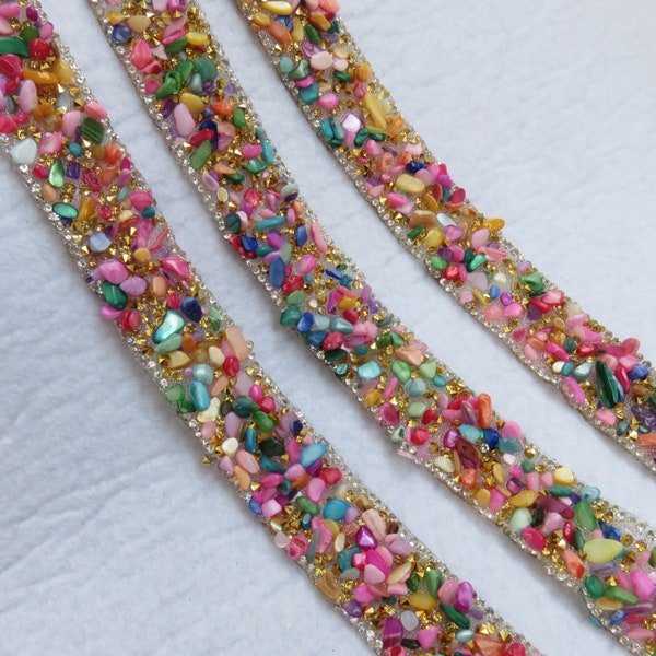 Colorful Stone Rhinestones beaded Chain Iron on Hotfix Crystal rhinestone Chain Applique Gemstone Lace Trim For WeddingDress