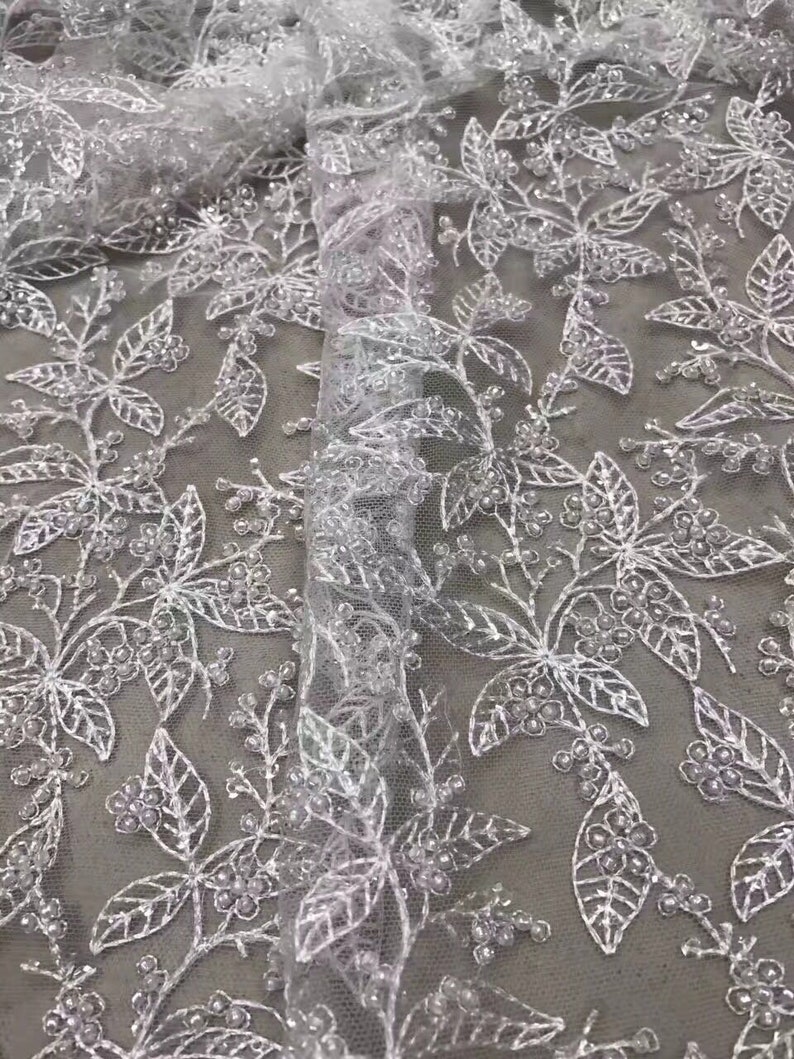 5yards Luxurious wedding dress Lace Fabric With handmade Beaded on leaves Embroidery Tulle French Lace fabric