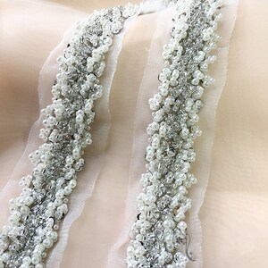 2yards Pearl Beaded Lace Trim with Rhinestones, Beautiful Beaded Floral Pattern Lace Trim for Bridal Wedding Sashes Straps Dress Belts