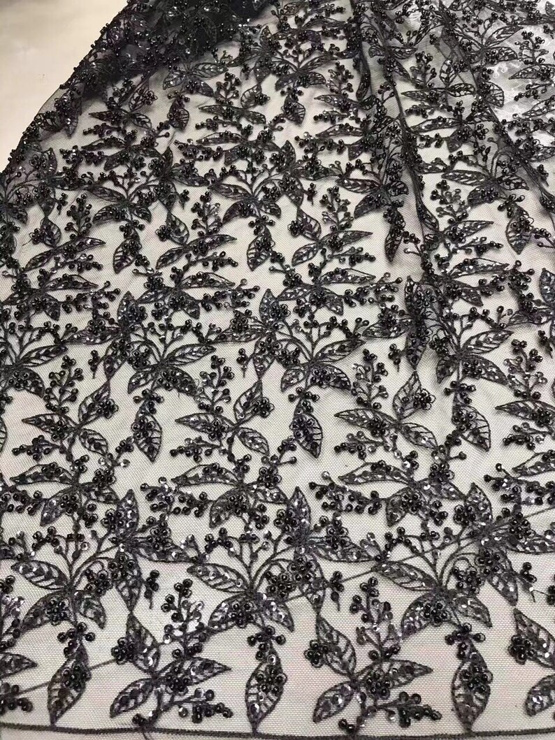 5yards Luxurious wedding dress Lace Fabric With handmade Beaded on leaves Embroidery Tulle French Lace fabric