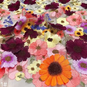 New arrivals high quality 3D flower mixed color on mesh embroidery bridal dress fabric, costume dress by yard