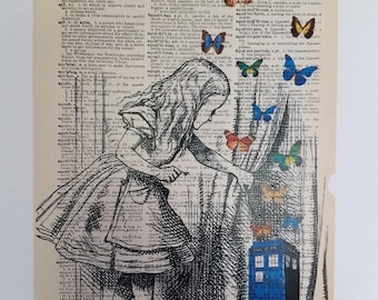 Alice in Wonderland Dictionary Art Print, Wall Decor, Poster, Artwork, Butterflies, Paper Art, Ink