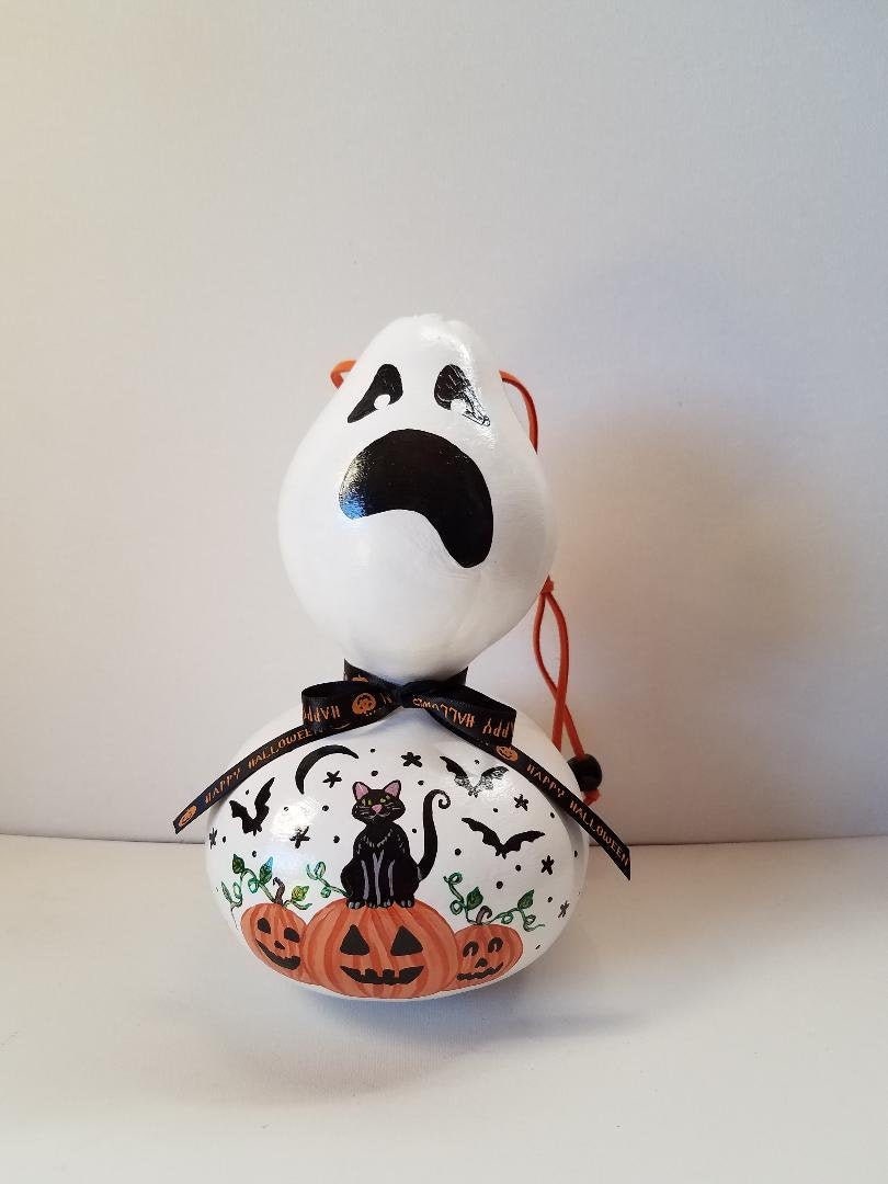 Hand Painted Halloween Gourd Handmade Holiday Ghost pic