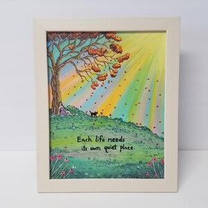 8 x 10" Original Acrylic Painting "Quiet Place", Framed Art, Nature, Girl, Cat, Tree, Rainbow, Leaves, Sunrays, Grass, Meadow, Quotes
