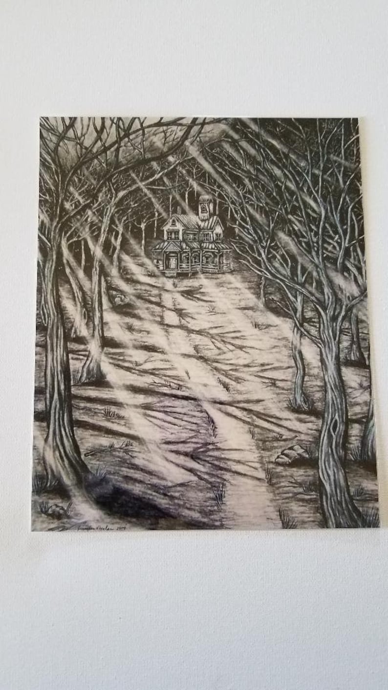 8 X 10 PRINT of My Charcoal Drawing house in the Woods, Trees, Forest ...