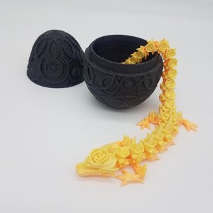 3D Printed Rose Dragon With Celestial Egg, Flexi, Articulated, Fidget, Toy, Collectible, Fantasy, Decoration, Yellow, Black Glitter Speckle